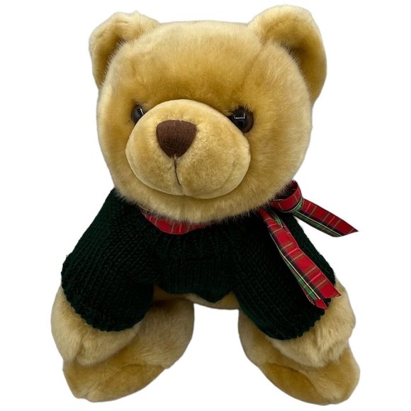 RBI Ron Banafato Bear Weighted Plush Holiday Sweater Plaid Bow Stuffed Animal - Picture 2 of 13